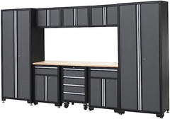 9-Piece Workshop Cabinet Set in Grey with Workbench - Perfect for Organizing Tools - Included Steel Cabinets Drawers Shelving Rolling Chest - 130"W 18"D 76"H Assembled Garage Shop Cabinets