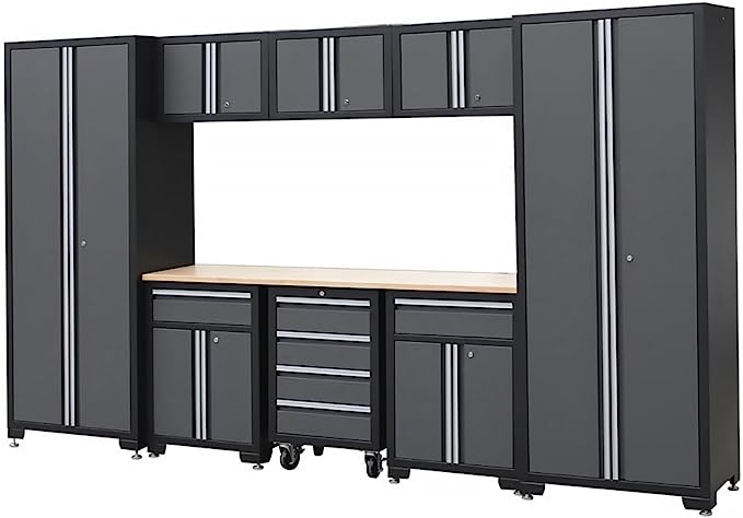 9-Piece Workshop Cabinet Set in Grey with Workbench - Perfect for Organizing Tools - Included Steel Cabinets Drawers Shelving Rolling Chest - 130