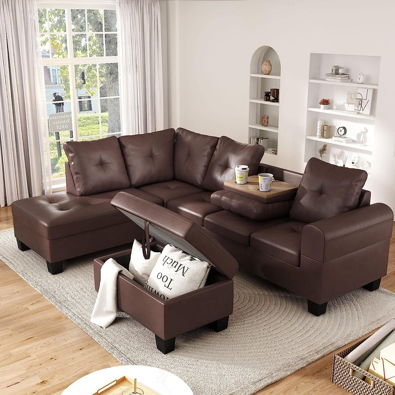Living Room Sectional Couch with Storage Ottoman, Modern PU Leather L-Shaped Sofa Couch Set, Brown Modular Sofa Sectional w/Cup Holder
