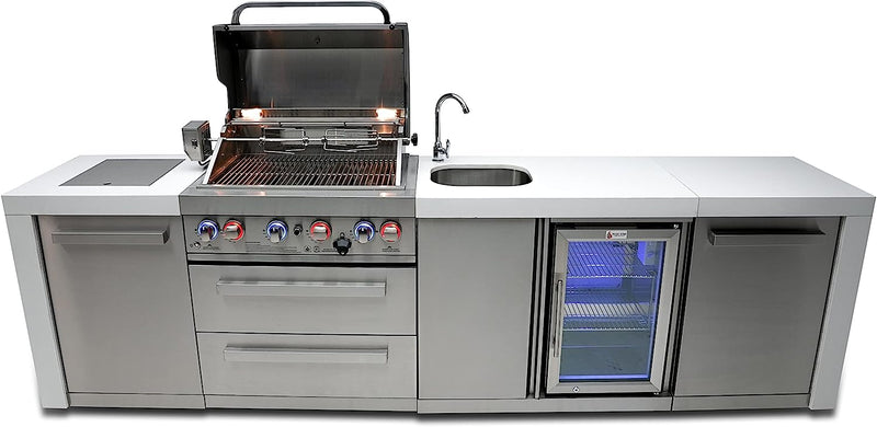 32-Inch 4-Burner 78000 BTU Deluxe Stainless Steel Gas Outdoor Kitchen Barbecue Gas Island Grill w/ Compact Lockable Refrigerator + Infrared Side & Rear Burners + Granite Countertops
