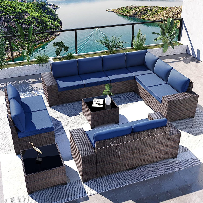 Outdoor Patio Furniture Set 12 Pieces Sectional Rattan Sofa Set Brown PE Rattan Wicker Patio Conversation Set with 10 Grey Seat Cushions and 2 Tempered Glass Table