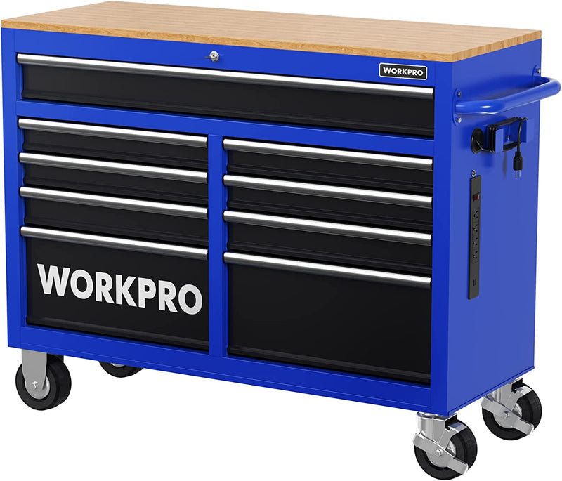 46-Inch 9-Drawers Rolling Tool Chest, Mobile Tool Storage Cabinet with Wooden Top, Equipped with Casters, Handle, Drawer Liner, and Locking System, 1200 lbs Load Capacity